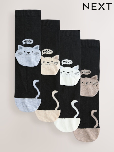 Cat Faces Heel and Toe Detail Ankle Socks 4 Pack (AW7185) | SGD 17
