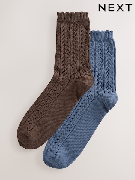 Chocolate Brown/Blue Crochet Style Ankle Socks 2 Pack (AW7191) | €13