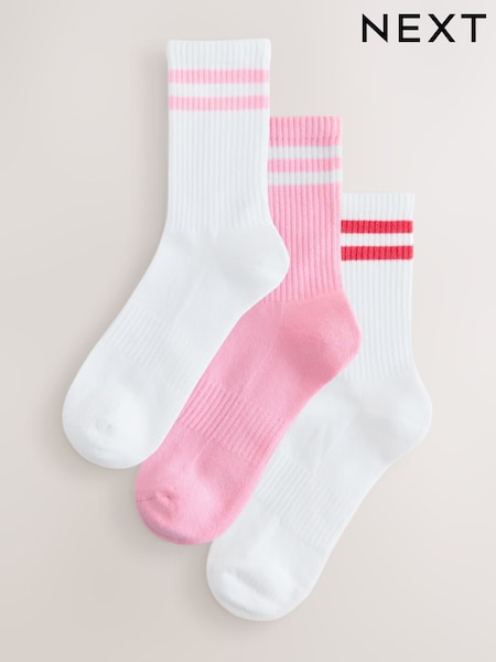 White/Pink Cushion Sole Ribbed Sport Ankle Socks 3 Pack With Arch Support (AW7193) | €14.50