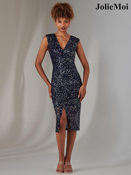 Jolie Moi Light Blue Deja Sequin Midi Dress With Slit (AW7211) | 356 QAR