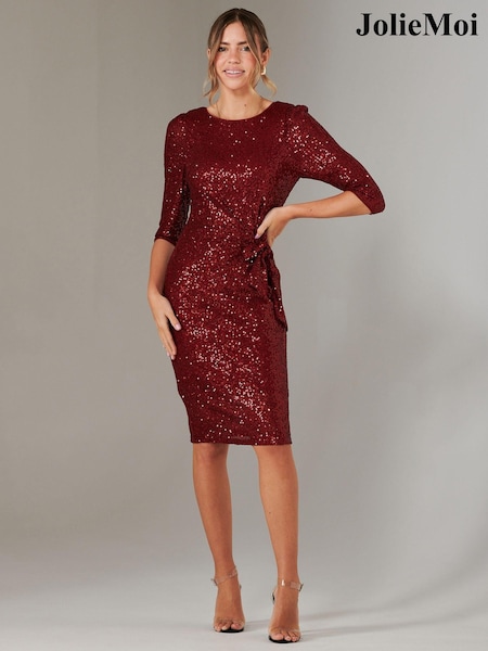 Punainen - Jolie Moi 3/4 Sleeve Sequin Stretch Shift Dress (AW7213) | €124