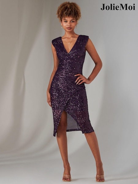 Jolie Moi Purple Deja Sequin Midi Dress With Slit (AW7215) | €103