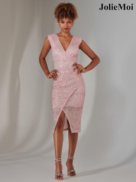 Jolie Moi Pink Deja Sequin Midi Dress With Slit (AW7217) | 356 QAR