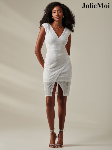 Jolie Moi White Demi Sequin Wrap Slit Bodycon Dress (AW7219) | €95