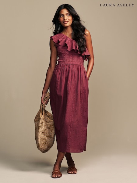Laura Ashley Burgundy Red 100% Cotton Seersucker One Shoulder Dress (AW7224) | 3,244 UAH