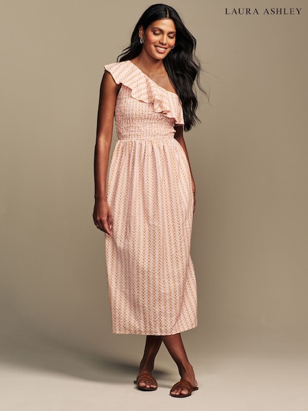 Laura Ashley Peach Pink Langford Leaves 100% Cotton Seersucker One Shoulder Dress (AW7229) | 3,364 UAH