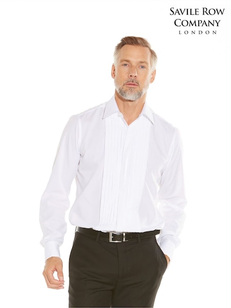 Savile Row Company Slim Fit 100% Cotton Poplin Pleated Double Cuff Tuxedo White Shirt (AW7402) | €87