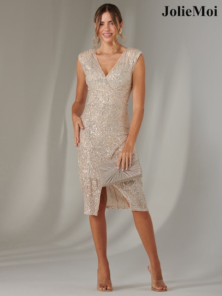 Jolie Moi Natural Demi Sequin Wrap Slit Bodycon Dress (AW7423) | €95