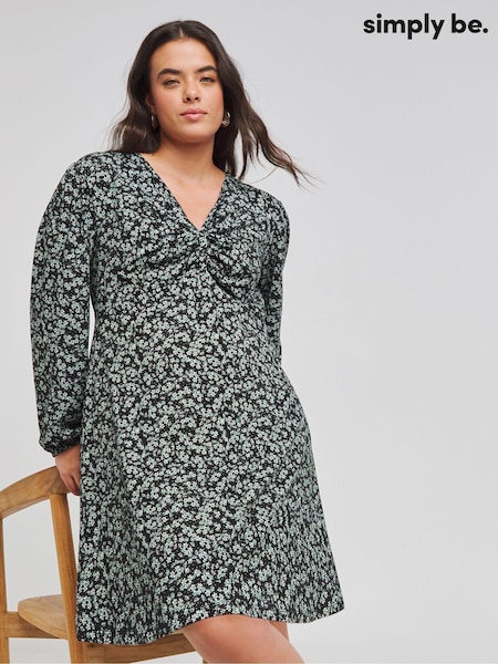 Simply Be Black Supersoft Knot Front Skater Dress (AW7444) | €36