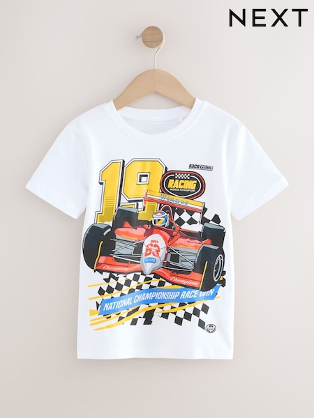 White Racing Car Regular Fit Short Sleeve Graphic 100% Cotton T-Shirt (3-16yrs) (AW7446) | €11 - €15