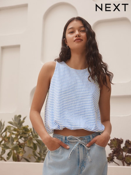 Blue/White Stripe 100% Cotton Sleeveless Bubble Hem Top (AW7471) | €23