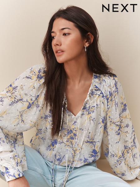 Синий/Желтый с цветочным принтом - Sheer Tie Neck Long Sleeve Blouse (AW7473) | €26