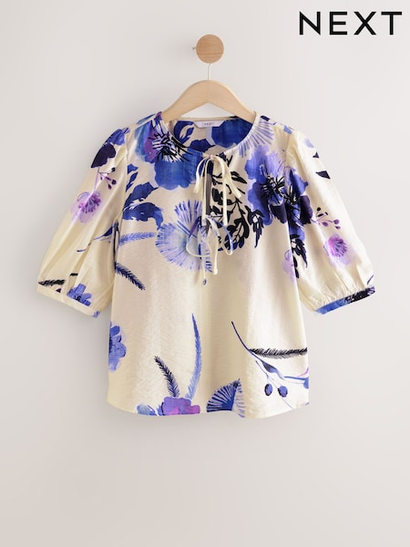White/Blue Floral Leaf Print - Tie Front 3/4 Sleeve Blouse (AW7475) | ‏93‏₪