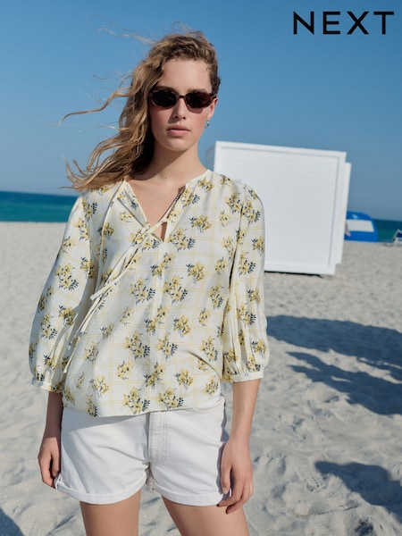 Yellow/White Check Floral Print - Tie Front 3/4 Sleeve Blouse (AW7477) | ‏87‏₪