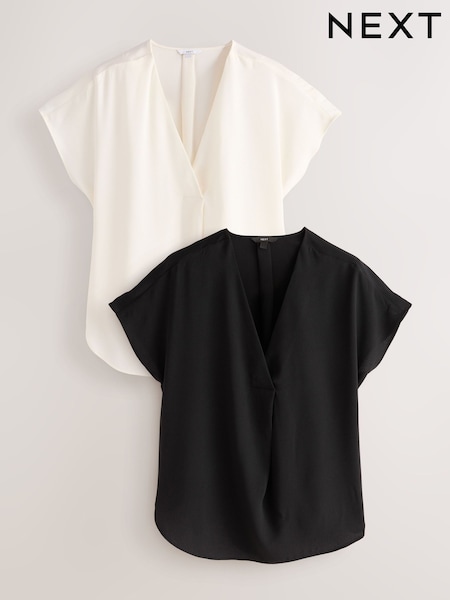 Black and Ecru Relaxed Fit Short Sleeve Overhead V-Neck Blouses 2 Pack (AW7479) | 1,632 UAH