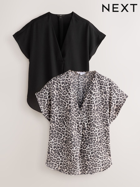 Solid Black and Animal Print Relaxed Fit Short Sleeve Overhead V-Neck Blouses 2 Pack (AW7480) | 198 QAR