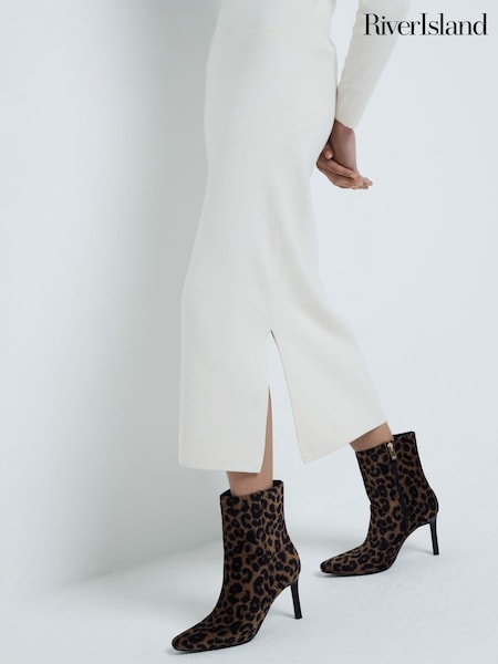 River Island Brown Leopard Heeled Ankle Boots (AW7538) | 109 QAR