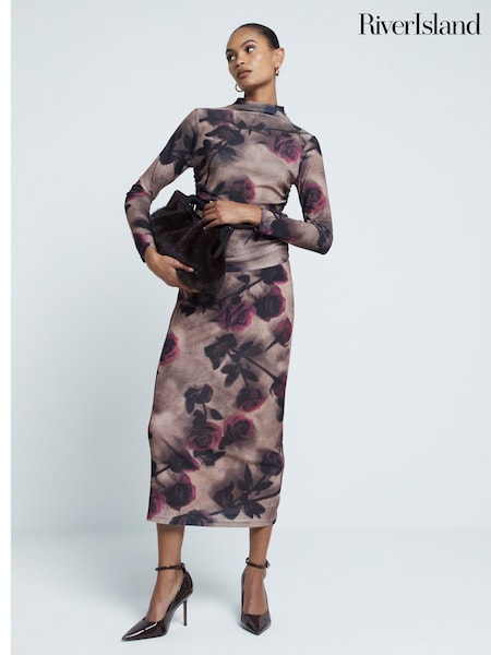 River Island Brown Floral Ruched Mesh Top (AW7543) | €40