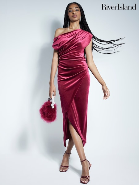 River Island Red Velvet Drape Midi Dress (AW7544) | €59