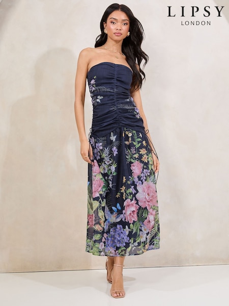 Navy Floral Strapless Ruched Detail Midi Dress (AW7756) | $157