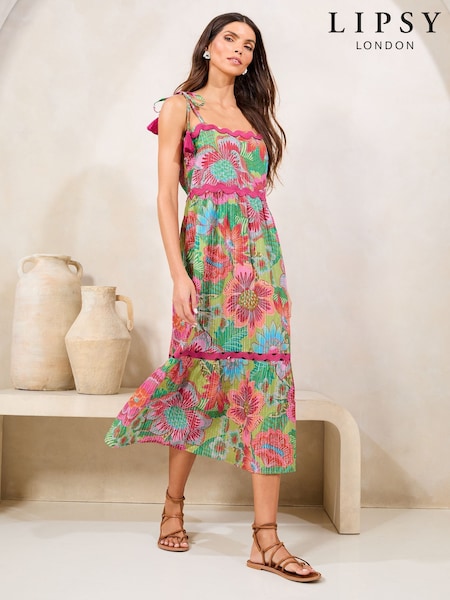 Pink Floral Lurex - Lipsy Print Ric Rac Trim Printed Cami Midi Dress (AW7758) | 79 €