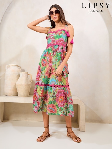 Pink Floral Lurex - Lipsy Print Ric Rac Trim Printed Cami Midi Dress (AW7764) | 79 €