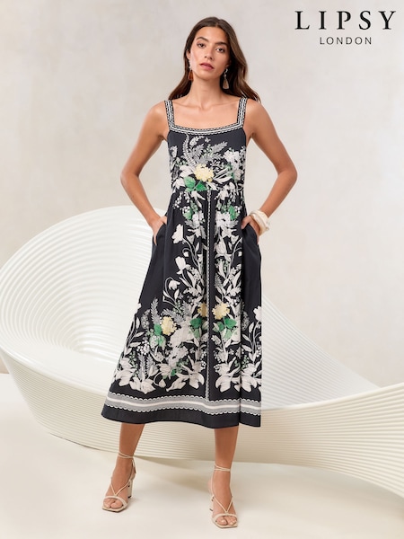 Lipsy Floral Placement Print Square Neck Poplin Midi Dress (AW7773) | 439 LEI