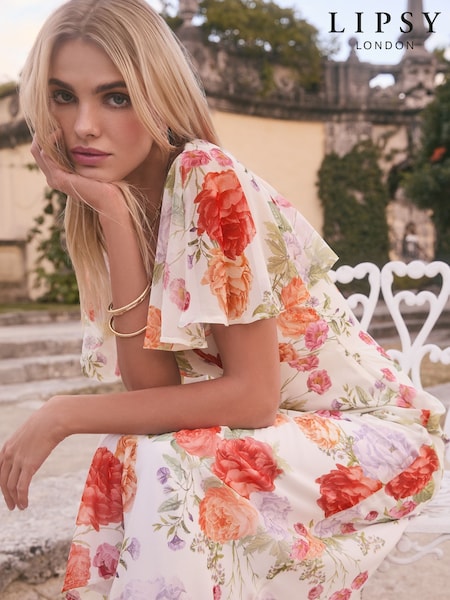 Lipsy White Floral Petite Printed Chiffon Flutter Sleeve Woven Midi Dress (AW7785) | $89