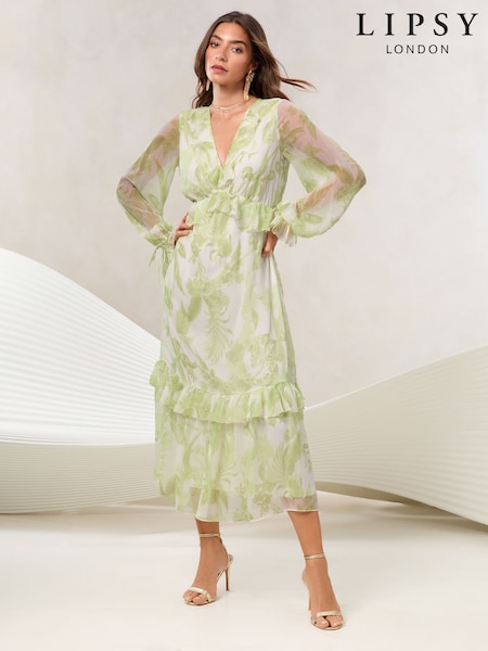 Lipsy Floral Long Sleeve V-Neck Ruffle Midi Dress (AW7803) | 98 €