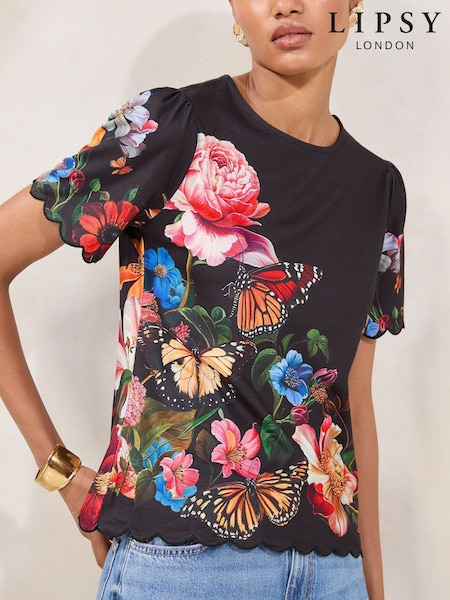 Lipsy Black Printed Scallop Hem T-Shirt (AW7808) | AZN 80