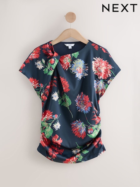 Navy/Red Floral Print - Satin Ruched Short Sleeve Top (AW7818) | ‏120‏₪