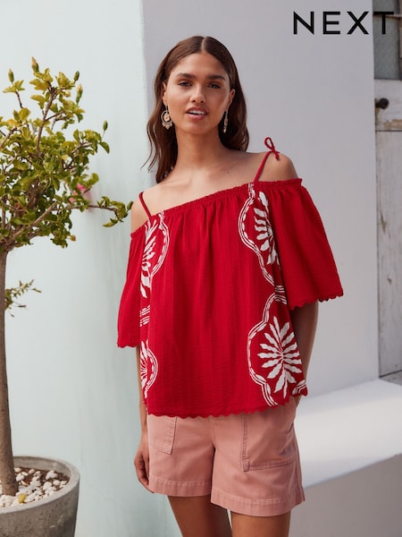 Red/White Print Strappy Bardot Short Sleeve 100% Cotton Top (AW7820) | €30