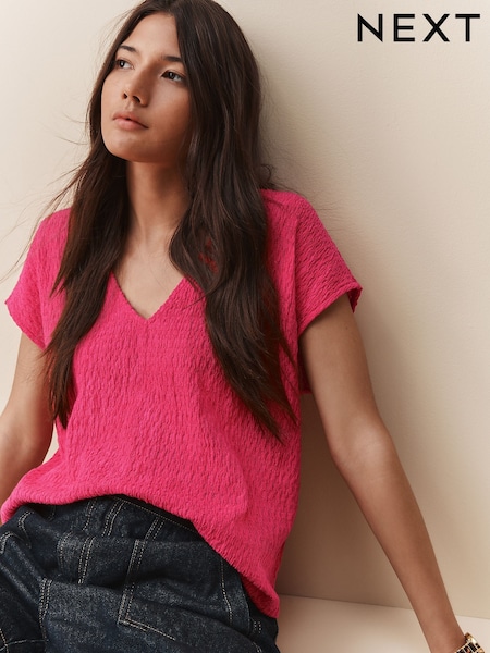 Raspberry Pink Textured Short Sleeve V-Neck T-Shirt (AW7838) | $31
