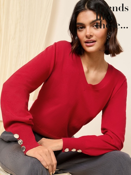 Roșu - Friends Like These V-Neck Button Jumper (AW7850) | 238 LEI