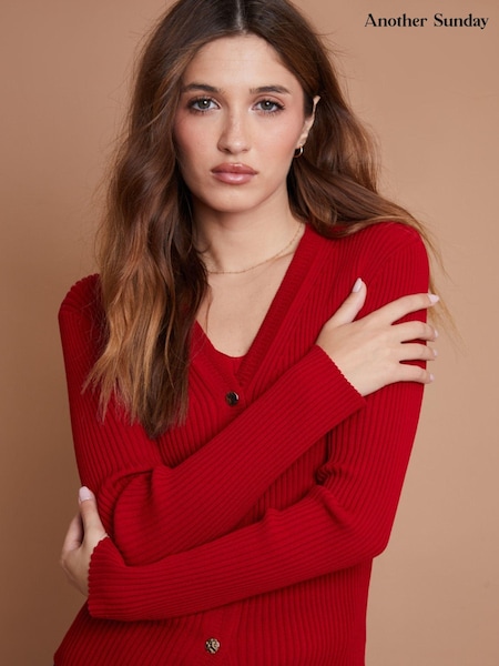 Another Sunday Red Ribbed Knitted V-Neck Cardigan With Gold Buttons (AW7941) | 107 LEI