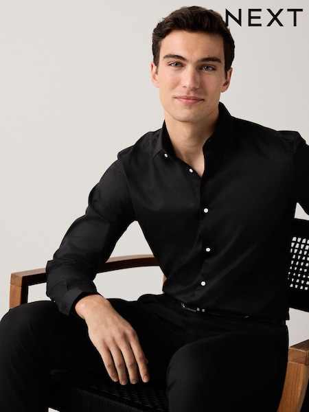 Black Regular Fit Easy Care Textured Single Cuff Smart Shirt (AW7977) | €28