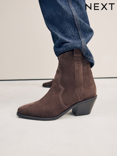 Chocolate Brown Suede Standard/Wide Fit Forever Comfort® Leather Ankle Cowboy Boots (AW8031) | €66