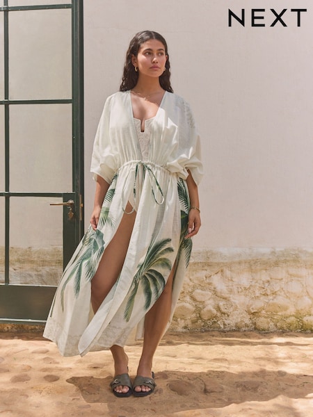 Ecru Palm - Maxi Tie Waist Kimono Cover-Up (AW8047) | €64