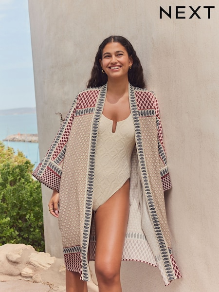 Pink Woodblock Print Longline Kimono Cover-Up (AW8051) | R$ 305