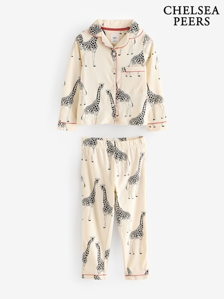 Chelsea Peers Cream Kids Cotton Giraffe Print Cuban Collar Button Up Long Pyjama Set (AW8156) | R$ 345