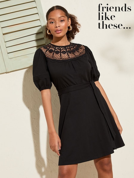 Friends Like These Lace Neck Insert Puff Sleeve Jersey Mini Dress (AW8282) | R$ 385