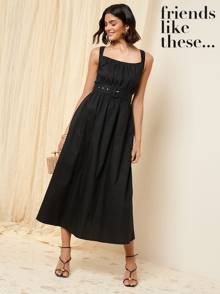 Friends Like These Black Ruched Strappy 100% Cotton Belted Midi Dress (AW8294) | R$ 545