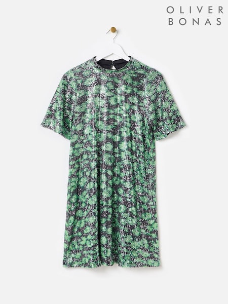 Oliver Bonas Green Leopard Sequin Mini Dress (AW8341) | 198 QAR