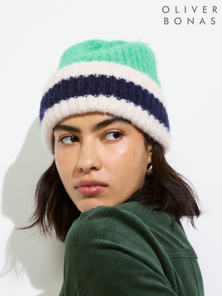 Oliver Bonas Green Stripe Knitted Beanie Hat (AW8354) | €16