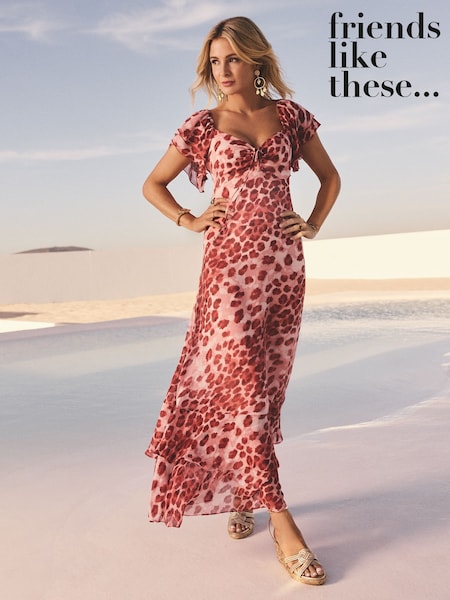 Красный со звериным принтом - Friends Like These Millie Mackintosh Chiffon Frill Maxi Dress (AW8364) | €78