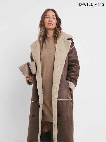 JD Williams Brown Tan Maxi Shearling Jacket (AW8418) | €134