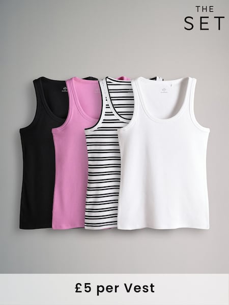 The Set Black/Pink/White/Black&White Stripe 4 Pack Ribbed Scoop Neck Vests (AW8428) | 99 QAR