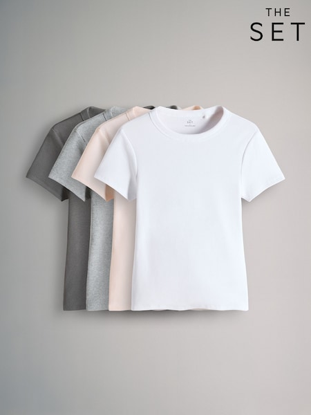 The Set Pink/White/Grey Marl/Yellow 4 Pack Ribbed T-Shirt (AW8429) | $35