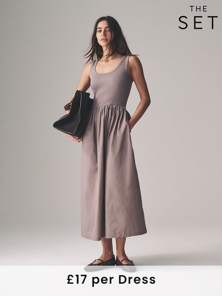 The Set Black/Taupe 2 Pack Ribbed Vest Jersey Woven Mix Midi Dress (AW8438) | ₪176