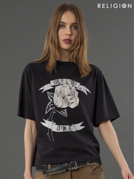 Religion Relaxed Fitted Elegance Graphic 100% Cotton T-Shirt with Rose Artwork (AW8451) | €60